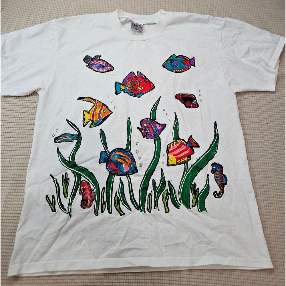 Vintage 90's Oneita Power 50 Plus Tropical Fish Graphic T-Shirt Size XL